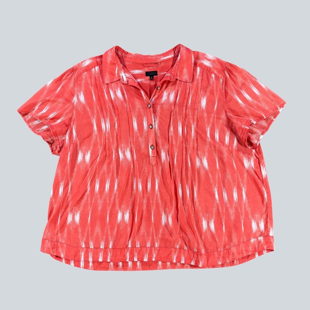 Talbots Woman 3X Coral Ikat Print Cotton Pintuck Short Sleeve Blouse Boho Top